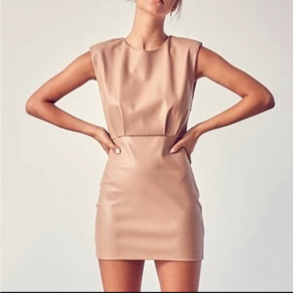 DO+BE Tan Bodycon Mini Faux Leather Dress Crew Neck Sleeveless